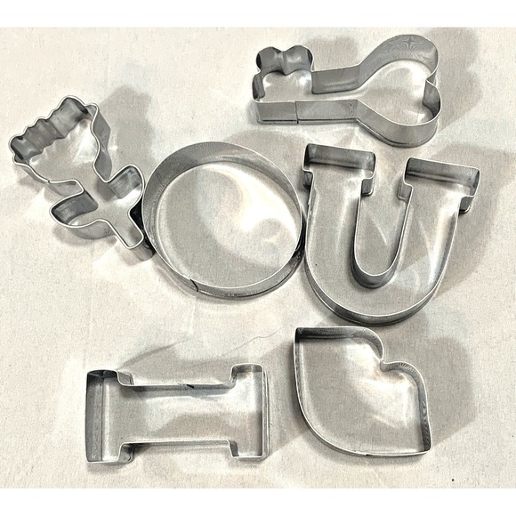 Cookie Cutter Set Metal 6pc I Love You Heart Lips Key Flower Baking - Picture 6 of 6